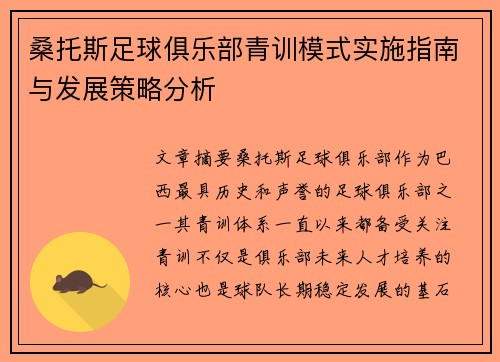 桑托斯足球俱乐部青训模式实施指南与发展策略分析
